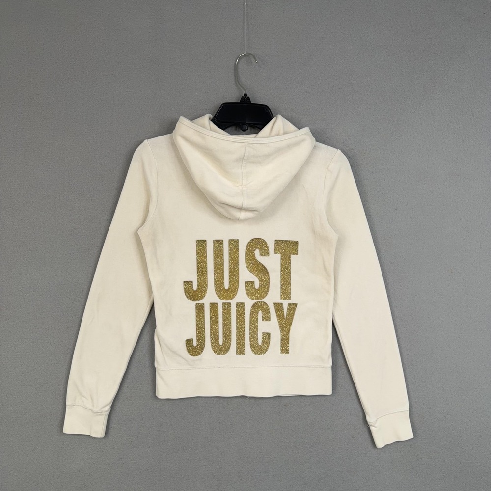Juicy Couture Hoodie Womens Small White Velour Full Zip Just Juicy Glitter Y2K